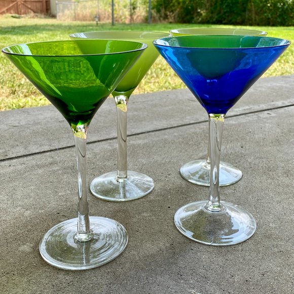 West Elm Dining Set Of 4 Modern Blue Green Glass Martini Glasses